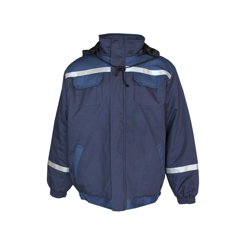 455 GSM Composite Fabric Quilted Jacket With Reflective Tapes And Detachable Hood